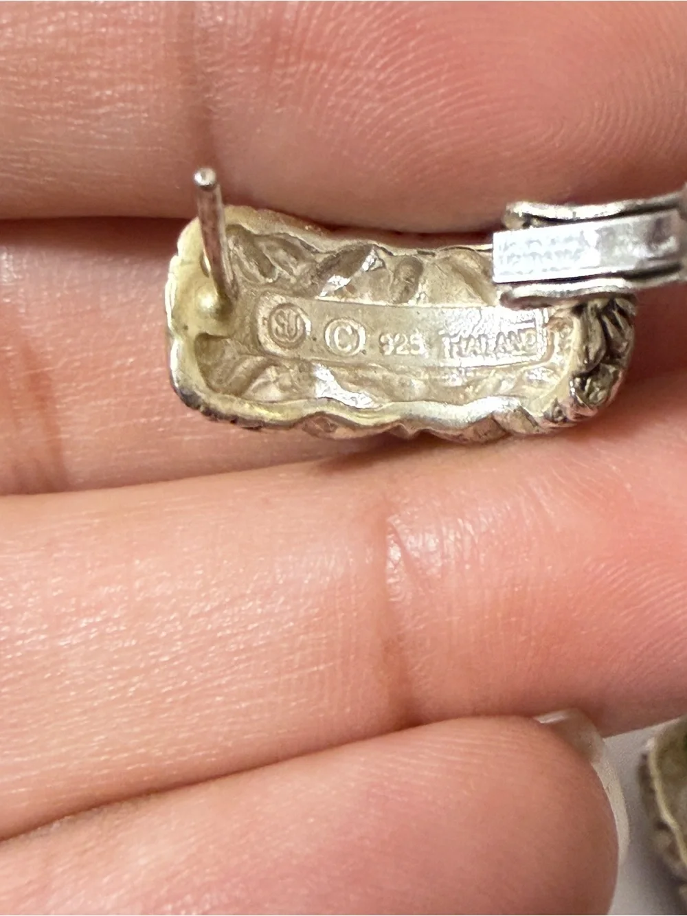 Vintage Roman & Sunstone SU 925 Sterling Silver Floral Huggie Hoop Earrings